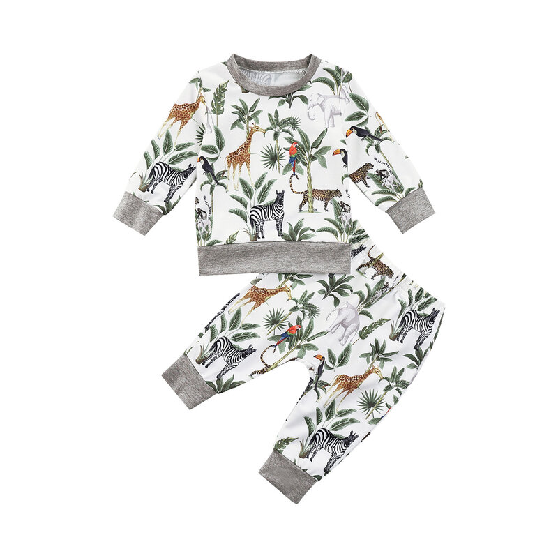 Herfst Unisex Baby Kleding Casual Set Forest Animal Print Lange Mouwen Ronde Hals Pullover Sweatshirts Elastische Taille Broek