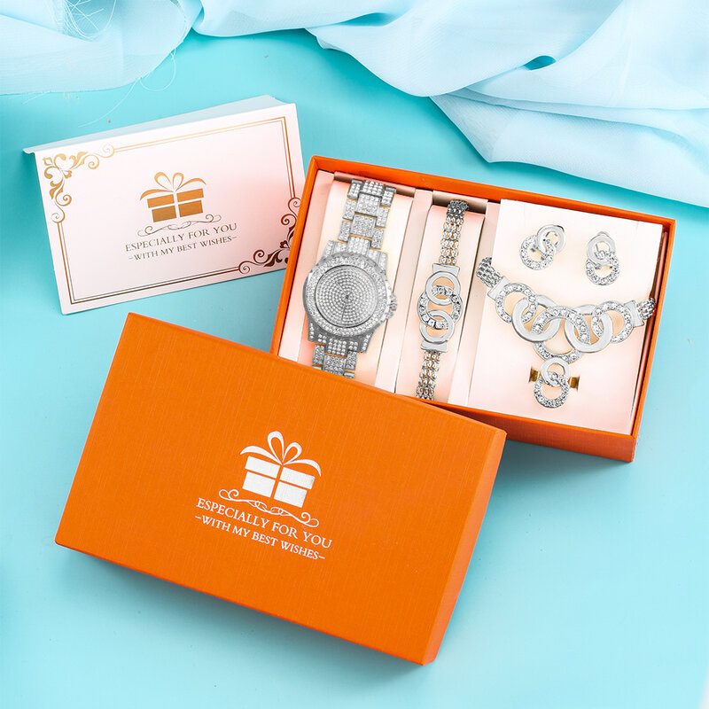 Reloj elegante, joyería, exquisita caja de regalo, conjunto de lujo para mujer, reloj de pulsera de cuarzo, pendientes de cristal, anillo, collar, regalos para mujer
