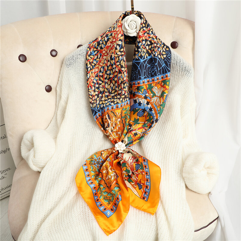 Foulard carré en Satin de soie pour femmes, marque de luxe, Hijab, bandeau, châles musulmans, 90x90cm, 2022