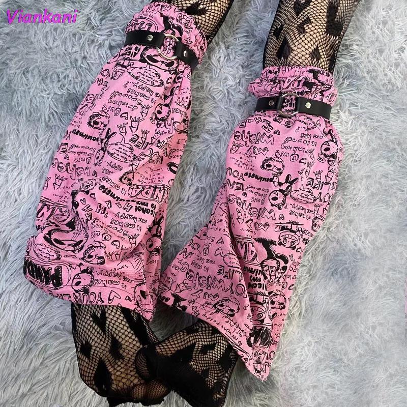 Women Sweet Y2k Cute Casual Mid-calf Sock PU Strap Strudent Cool Basic Streetwear Lovely Cartoon Print 2021 Lady Pink Leg Warmer