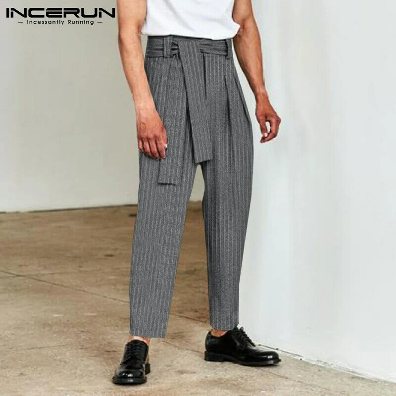 INCERUN-ropa de calle informal suelta para hombre, Pantalones de pierna ancha, pantalón a rayas de cintura alta, traje largo, S-5XL, 2021