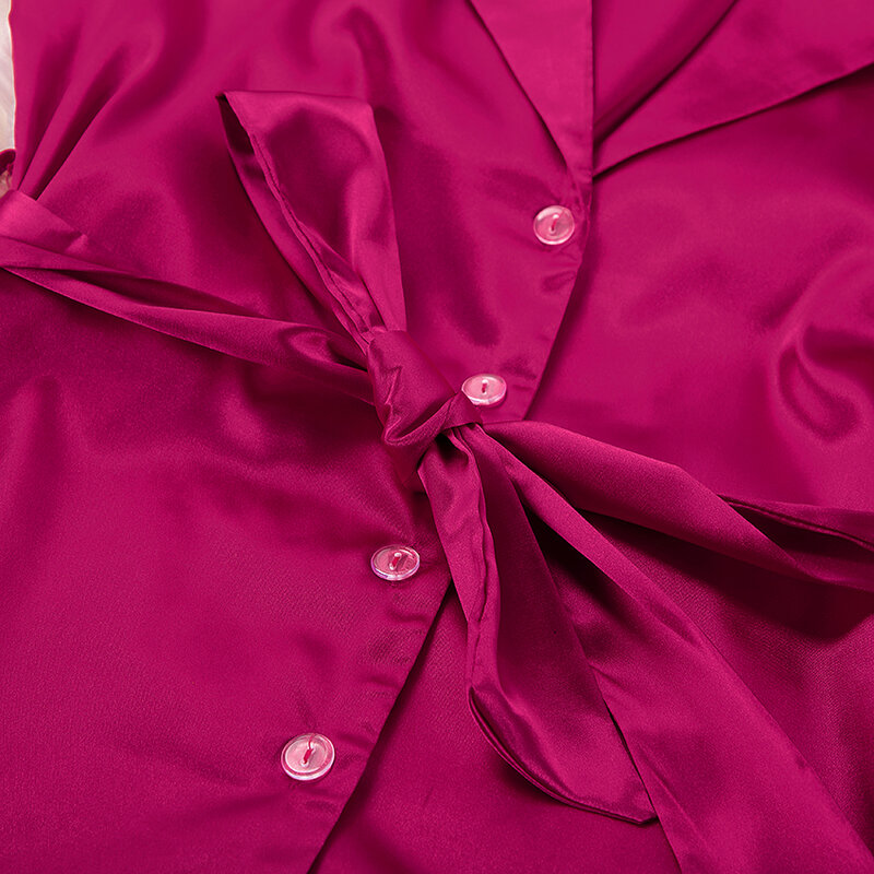 HiLoc Satin Pyjamas Für Frauen Nachtwäsche Seide Reine Farbe Langarm Zwei Stück Set Mit Schärpen Rot Rosa Kleidung Set 2021 frühling
