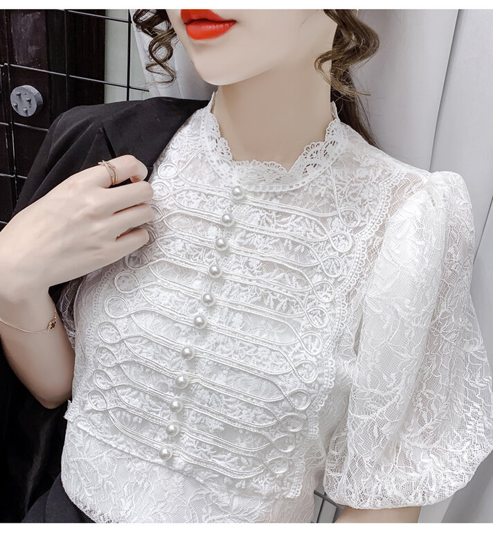 Blusa de encaje de manga corta con botones para mujer, camisa de malla transparente, color blanco, para verano, 951i, 2021