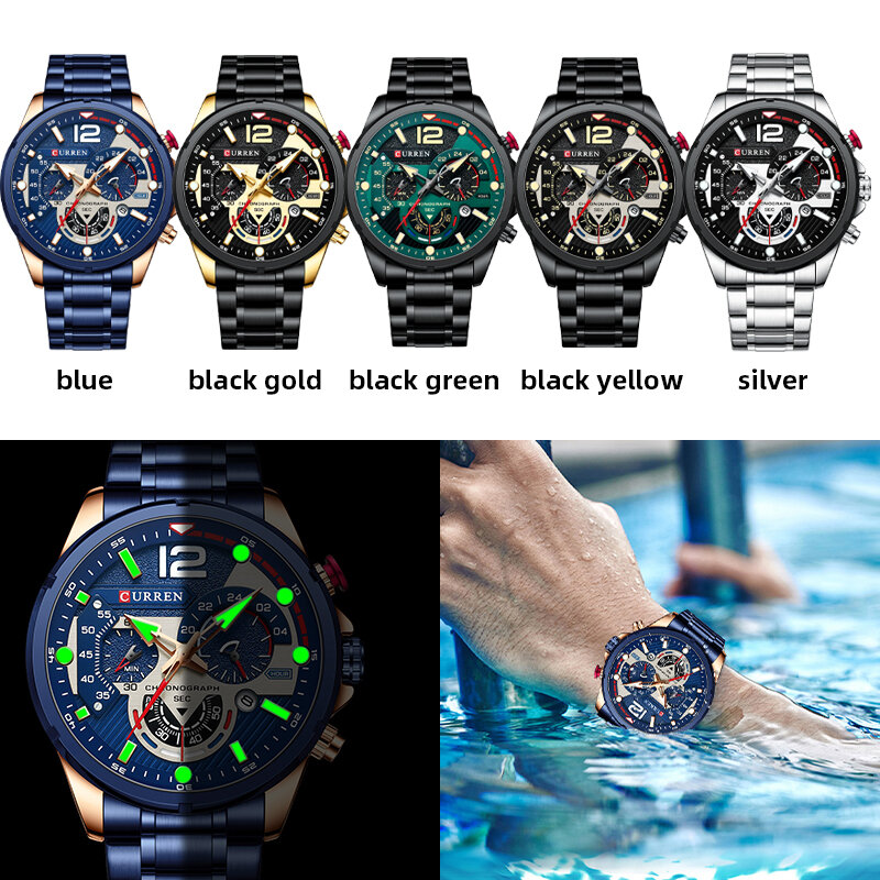 CURREN New นาฬิกาควอตซ์นาฬิกาผู้ชายแบรนด์หรูแฟชั่นกีฬาสีเขียวนาฬิกาข้อมือ Man Chronograph วันที่ชายนาฬิก...
