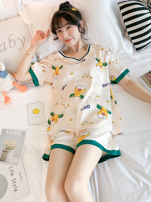 Pijama coreano feminino verão gelo fino manga curta terno doce e adorável veado amarelo roupas de casa pode ser desgastado no verão