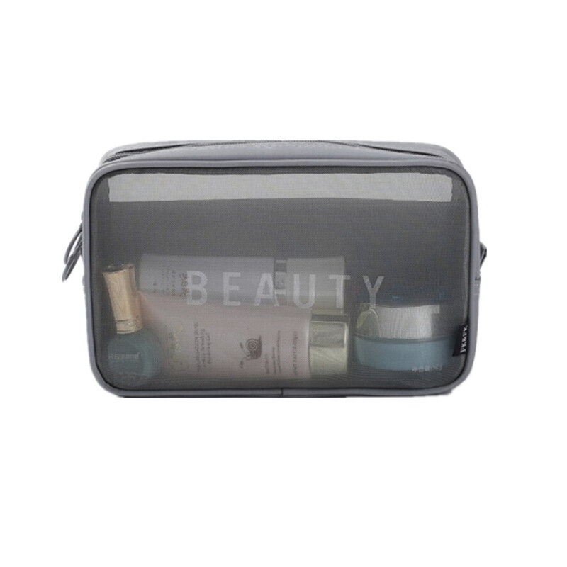Bolsa de malha transparente para maquiagem, portátil, de viagem, organizador de maquiagem, saco de armazenamento, kit de higiene pessoal, com zíper