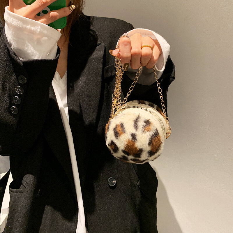 Mini Bag for Women 2021 Winter New Leopard Plush Shoulder Crossbody Bag Round Ball Chain Bag Luxury Designer Bolsa Feminina