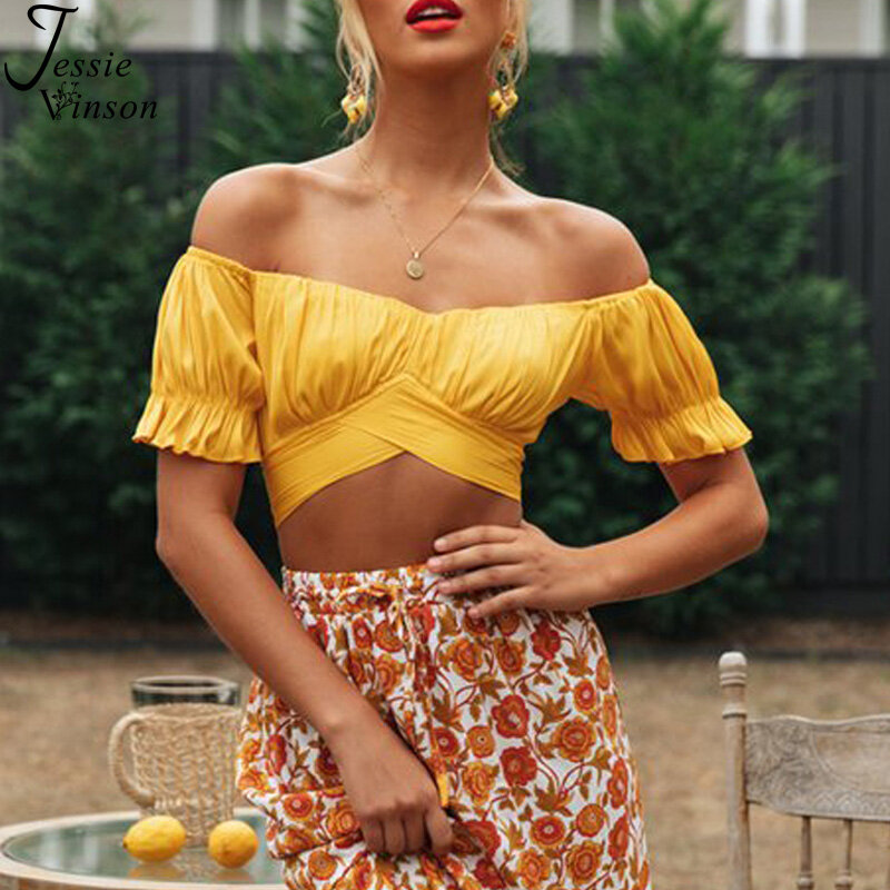 Женский укороченный топ Jessie Vinson, блузка с коротким рукавом, открытыми плечами и коротким рукавом, сексуальный топ для лета, 2020