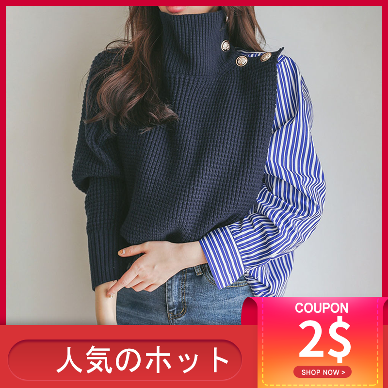 Korean Women Turtleneck Chunky Oversize Sweater Patchwork Knit Sweaters Pullover And Jumper 2020 Spring Fall Winter Knitted Top