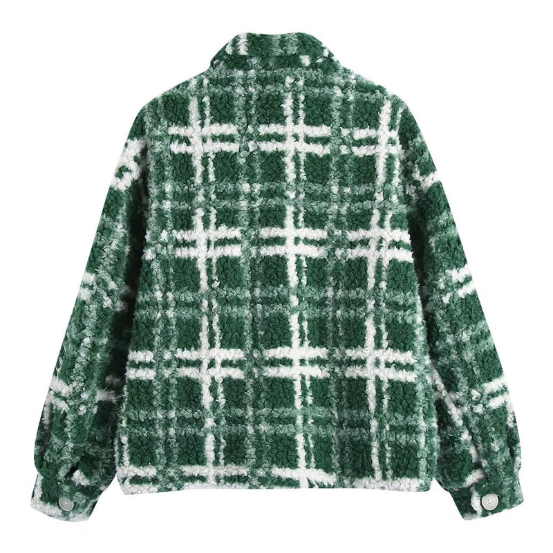 Women Fashion Oversized Check Faux Shearling Jacket Coat Vintage Long Sleeve Flap Pockets Female Outerwear Chic Tops