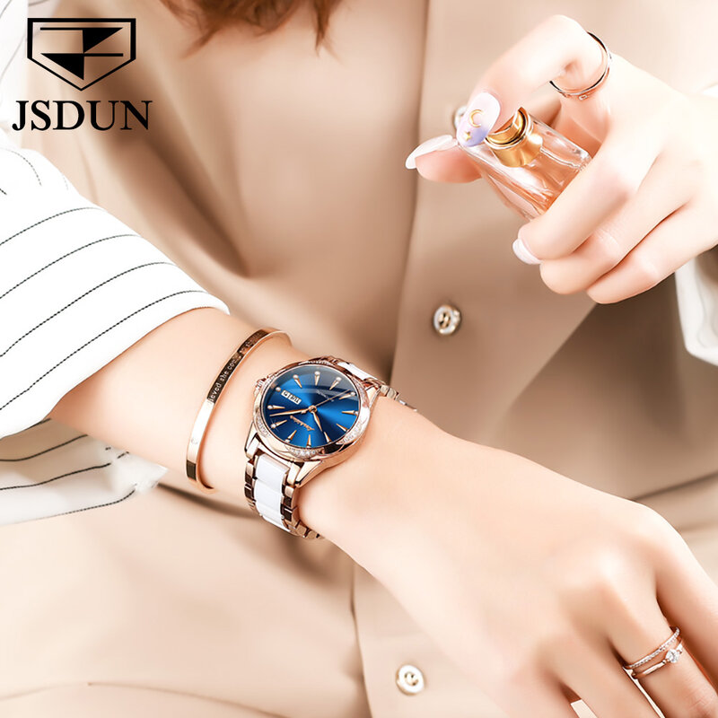 JSDUN-relojes mecánicos automáticos de cerámica para mujer, pulsera de zafiro de lujo, reloj femenino