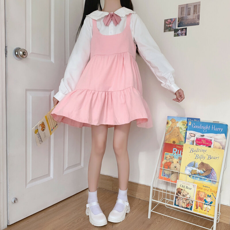 Japonia jesień Lolita Cosplay Loli łuk uszy królika koszula słodka miękka dziewczyna Kawaii ubrania bez rękawów Ruffles sukienka na szelkach