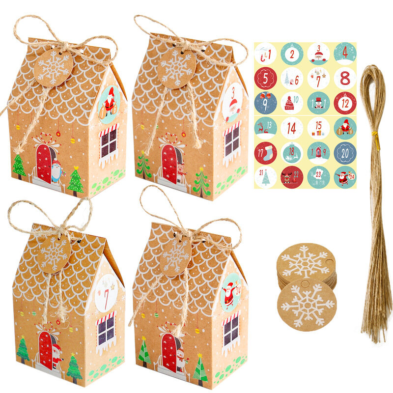 Bolsas de dulces de Navidad, caja de embalaje con forma de casa para galletas, adornos, decoración de Navidad, 24 piezas