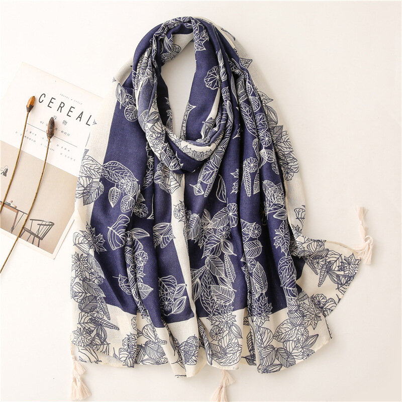 2021 moda feminina lenço de algodão adorável folha floral borla praia hijab xales e envoltórios feminino foulards echarpe designer 180*90cm