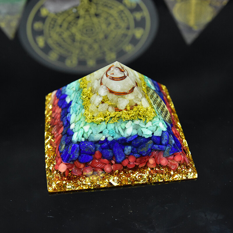 Sete chakras cristal pedra orgon energia pirâmide cristais e cobre amazonite orgone acumulador para reiki cura orgonite