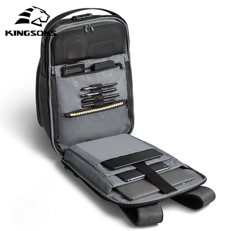 Kingsons 2020 mochila masculina de ponta, carregamento usb para laptop de 15 polegadas, à prova d'água com espaço multicamadas antirroubo para viagem