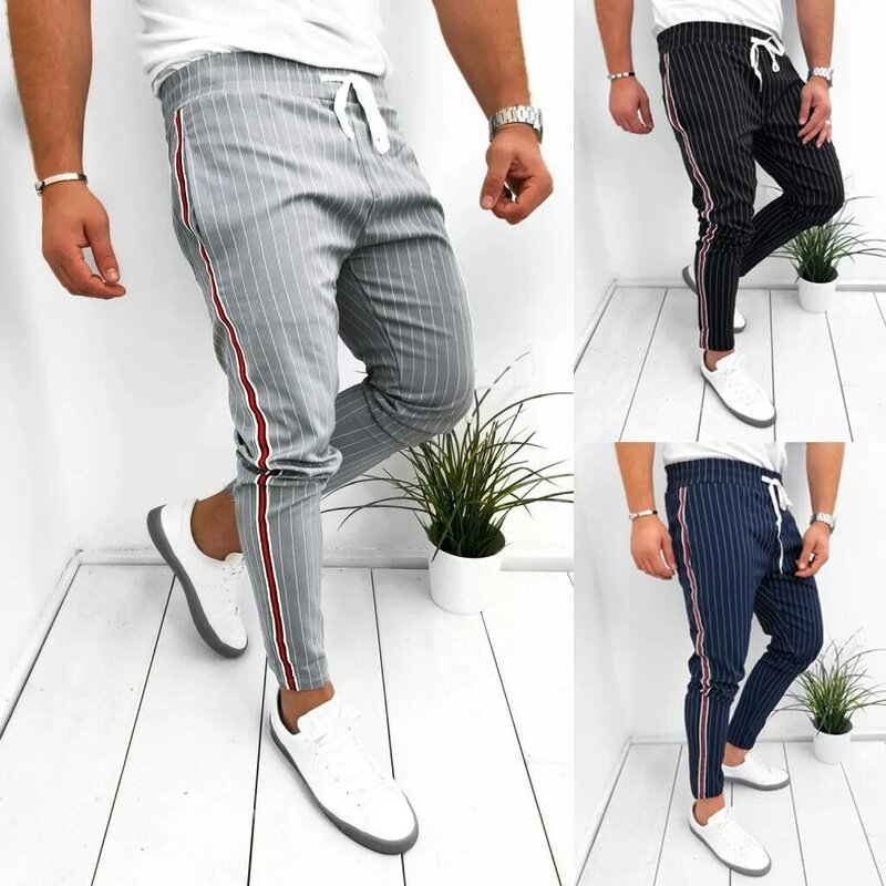 Calças de treino para corrida masculinas, calças para caminhada, listradas, casual, com cordão, calças compridas
