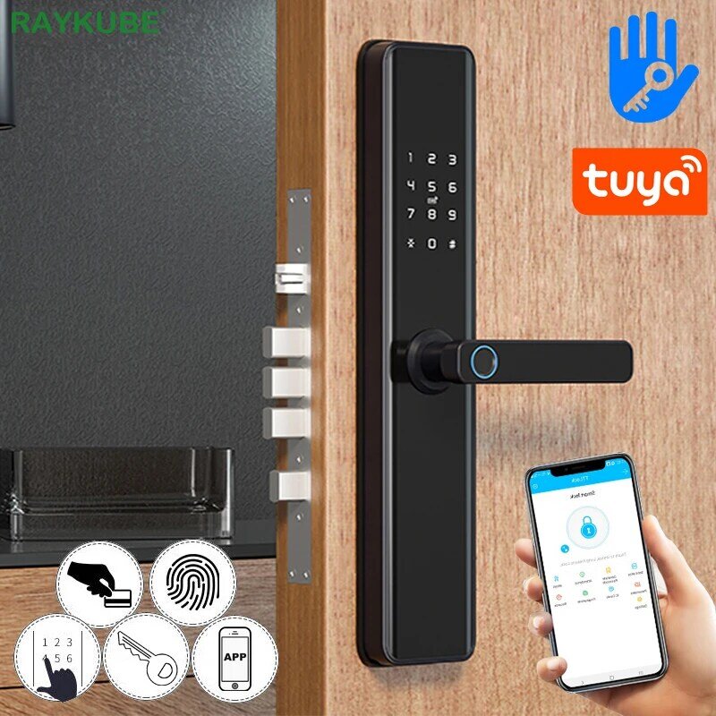 RAYKUBE-cerradura electrónica Wifi con aplicación Tuya, remota, biométrica, huella dactilar, tarjeta inteligente, contraseña, desbloqueo de llaves, FG5 Plus