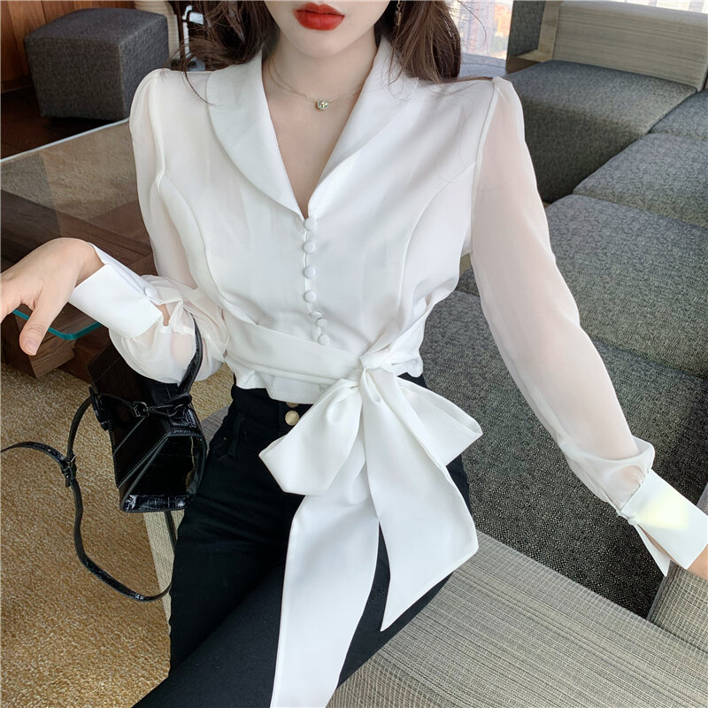 Blus Wanita Mode Mujer Elegantes 2021 Kaus Wanita Lengan Panjang Pita Putih Musim Panas Blus dan Kemeja Atasan Wanita Ukuran Plus