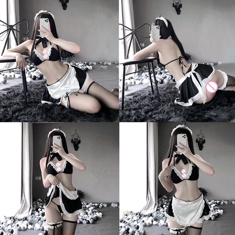 X3UE frauen Sexy Unterwäsche Set Ouvert Sexy Maid Uniform Versuchung Cosplay Kostüme mit Kragen Bikini Aprop Strumpf