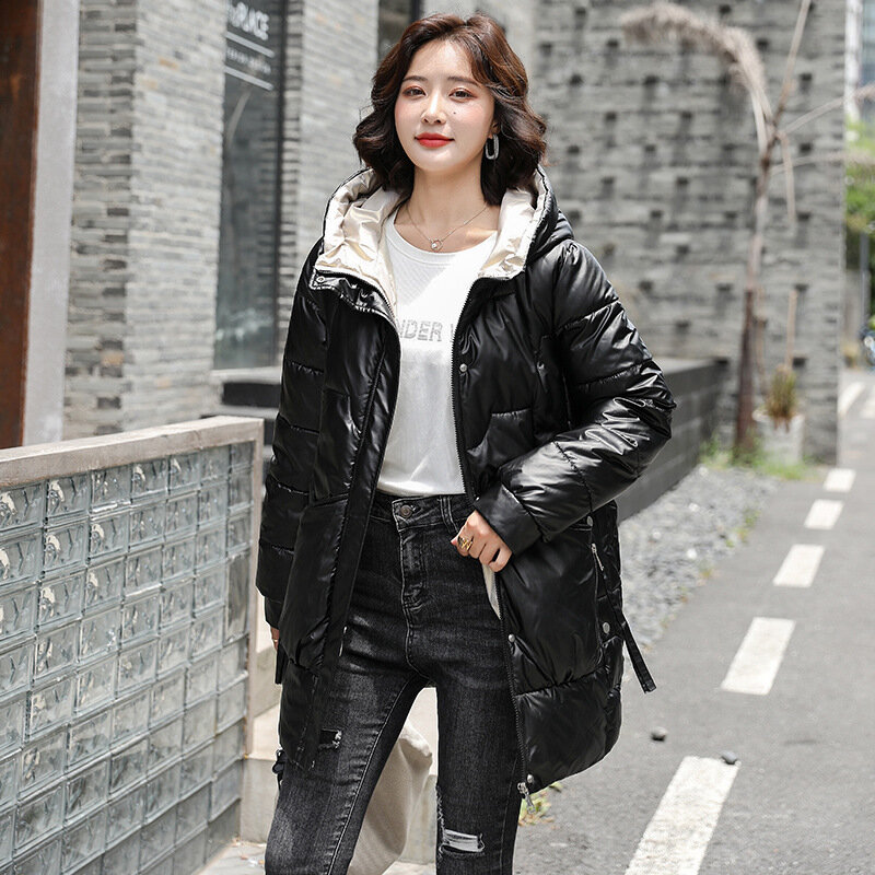 Abrigo de algodón brillante para mujer, chaqueta acolchada ajustada de longitud media, estilo coreano, a la moda, invierno, 2021