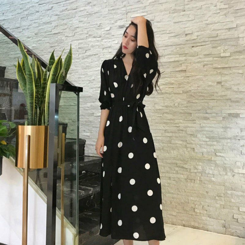 2021 Boho New Summer Maxi Dress Clothes Vintage Slim French Retro Hepburn Wind Black Polka Dot Long Robe Korean Style Fashion