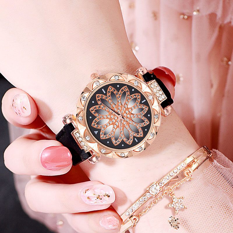 Relógio feminino pulseira conjunto céu estrelado senhoras relógios sorte flor couro quartzo relógio de pulso vestido presente relogio feminino