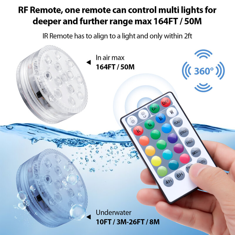 Luzes da piscina com controle remoto rgb luz de mergulho durável lâmpada led portátil luz noturna subaquática bateria 3/10/13 leds
