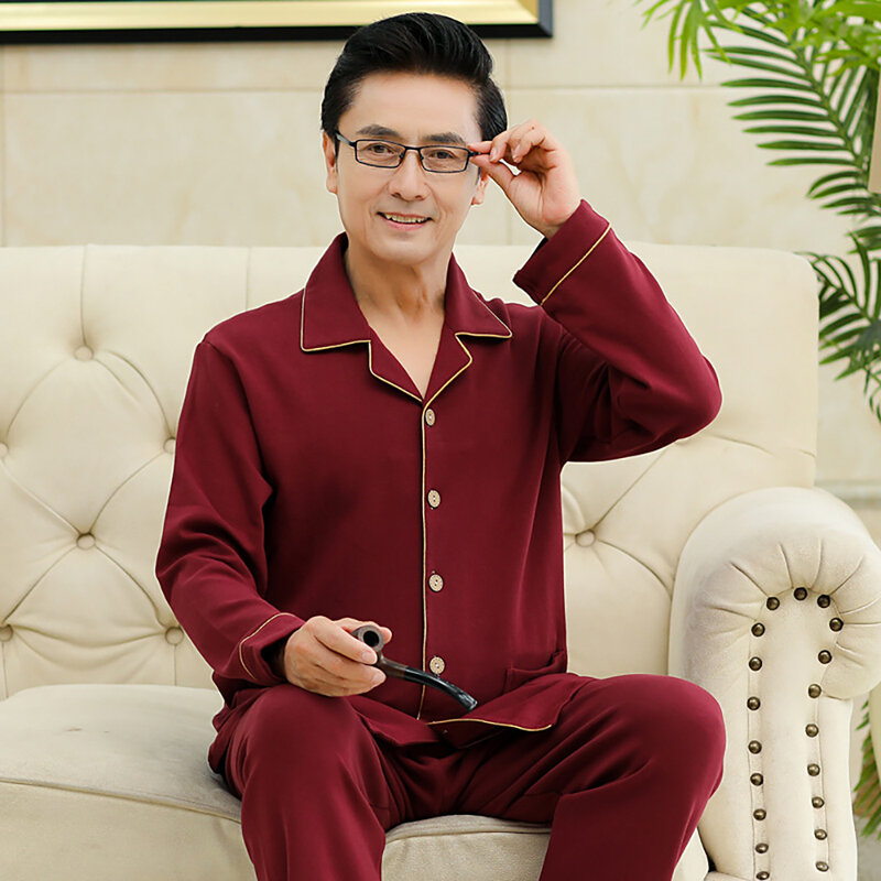 Pijama masculino de meia-idade, pijama casual sólido com gola v, de algodão, confortável, plus size, para primavera e outono