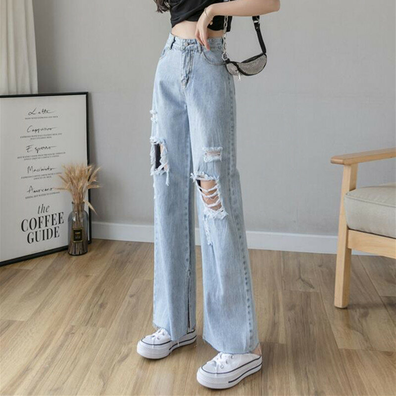 Mulher jeans roupas de cintura alta rasgado 2020 verão streetwear baggy perna larga do vintage moda azul harajuku calças retas
