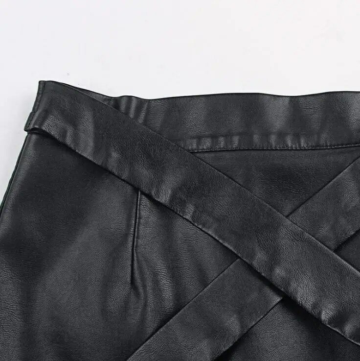 Minifaldas de cuero sintético para mujer, faldas de cintura alta, informales, irregulares, negras, con cinturón, Sexy, para primavera y otoño, K1233