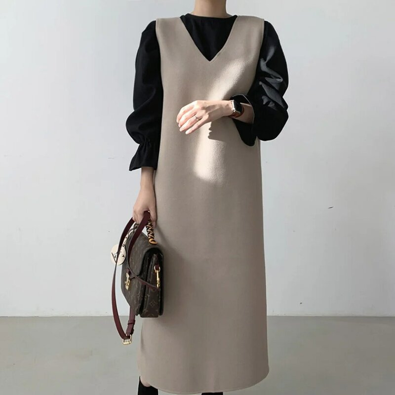 Koreanische Version der Japanischen Zwei Stück Sets Mode Lässig Temperament Ausgestellte Ärmel Mantel V-ausschnitt Woolen Tuch Kleid