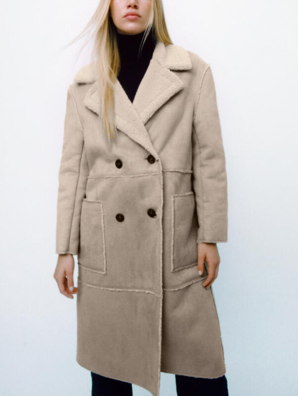 2021 novo casaco de inverno das mulheres do vintage jaqueta de camurça grossa bolsos casuais biker casaco feminino lã quente longo outwear senhoras trf