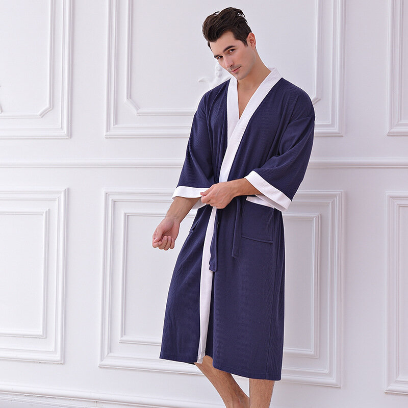 Japonês waffle algodão roupões masculinos primavera quimono roupão verão fino pijamas hotel robe contraste cor casual casa wear