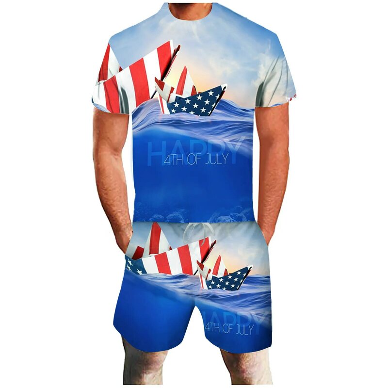 64 # размера плюс мужские летние комплекты 2021 американский флаг парусник 3d печать День Независимости повседневный комплект наряд для вечеринки спортивная одежда