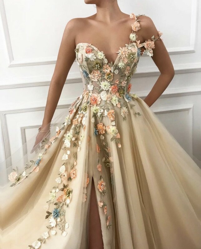 Элегантное кружевное вечернее платье цвета шампанского, милое платье для выпускного вечера, женские вечерние платья на одно плечо с высоки...
