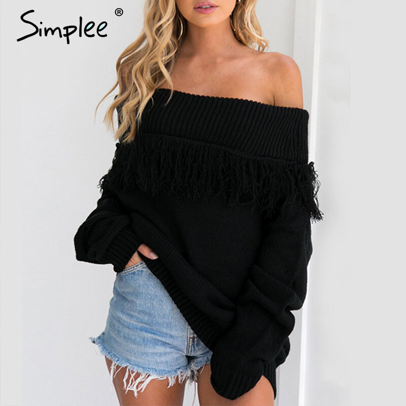Женский черный вязаный свитер Simplee, повседневный свободный пуловер с открытыми плечами и кисточками, вязаный привлекательный трикотажный д...