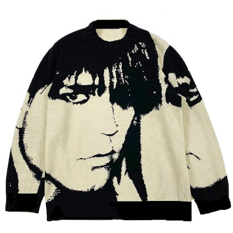Streetwear Harajuku pull pour hommes printemps automne Vintage Style japonais pull imprimé Portrait animé tricoté pull unisexe XS-XL