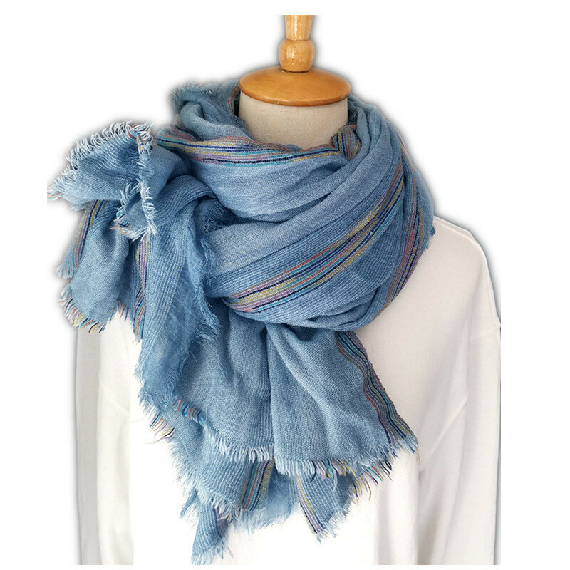 Bufanda de algodón y cáñamo para mujer, chal largo plisado a rayas de Color puro para Otoño e Invierno