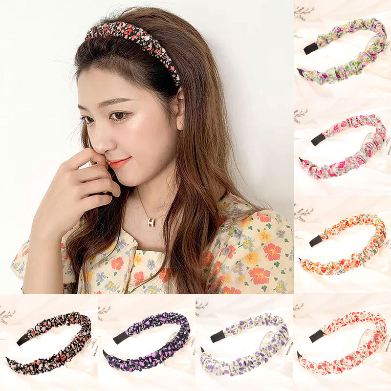 Floral Printing Chiffon Headband Pastoral Style Casual Flower Super Fairy Folds Pleated Girls Hair Hoop Lady Hair Accessories