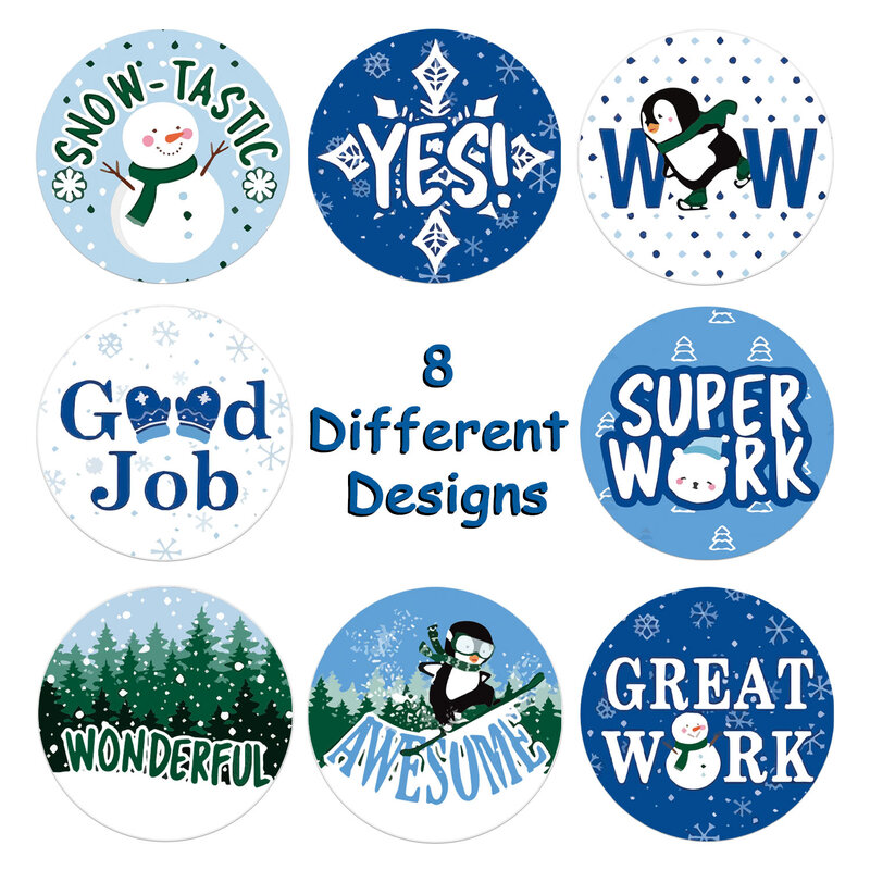 Pegatina de recompensa de muñeco de nieve para niños, etiqueta redonda de Navidad con 8 palabras de diseño, decoración DIY, rollo de 500 Uds.