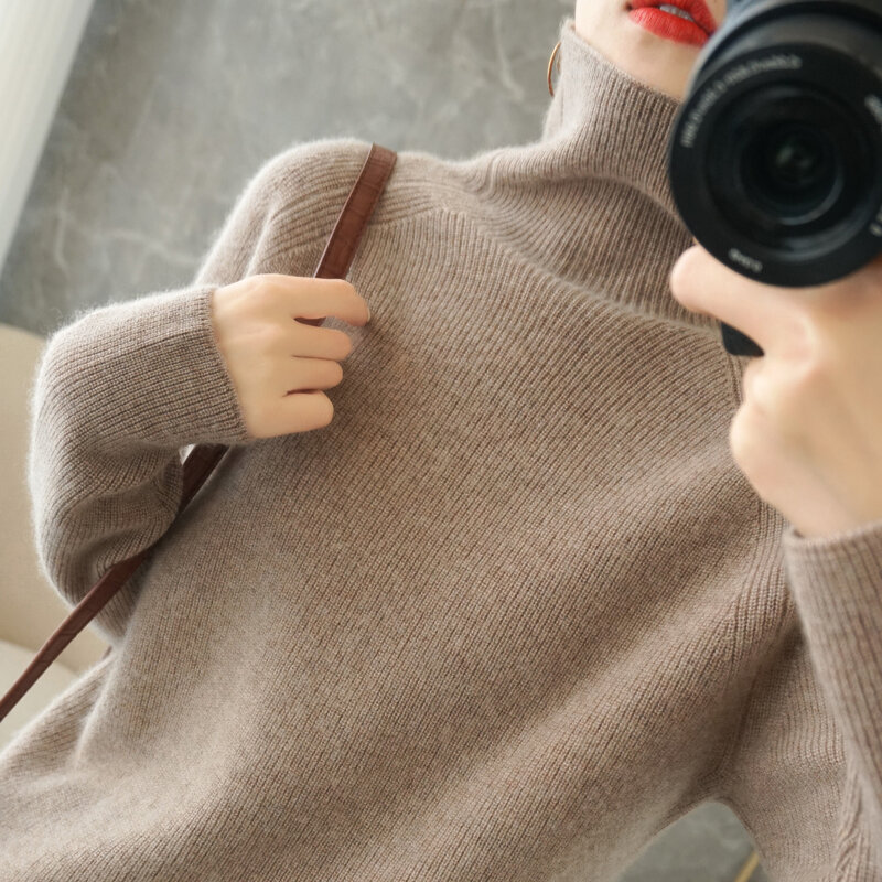 Женский вязаный свитер из 100%-ной шерсти, с высоким воротником