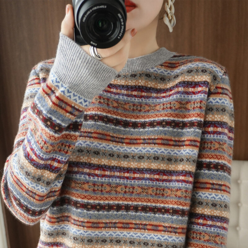 Sweter Wanita Kemeja Bottoming Wol Tebal Leher Bulat Pullover Bergaris Pendek Ioose 2021 Musim Gugur dan Musim Dingin Gaya Aizy Rajut Baru
