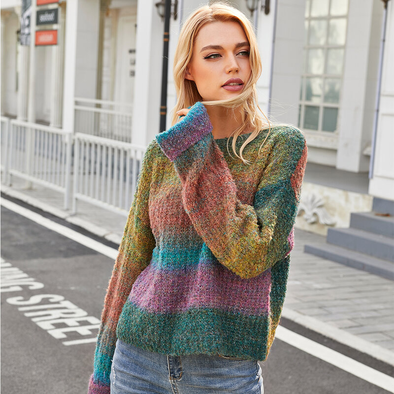 CGYY Rainbow Color Striped  Loose Causal  Long Sleeve O-Neck Breathable Pullover Sweater Soft Female Knit Jumpers for Spring