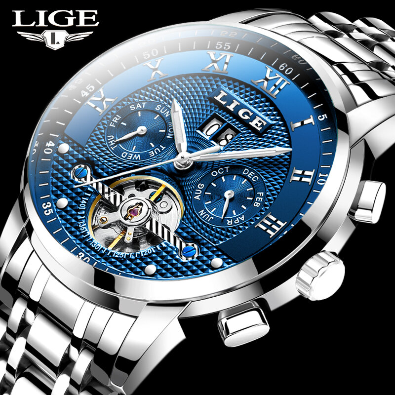 Часы наручные LIGE Мужские автоматические, брендовые роскошные механические деловые, из нержавеющей стали, 2022