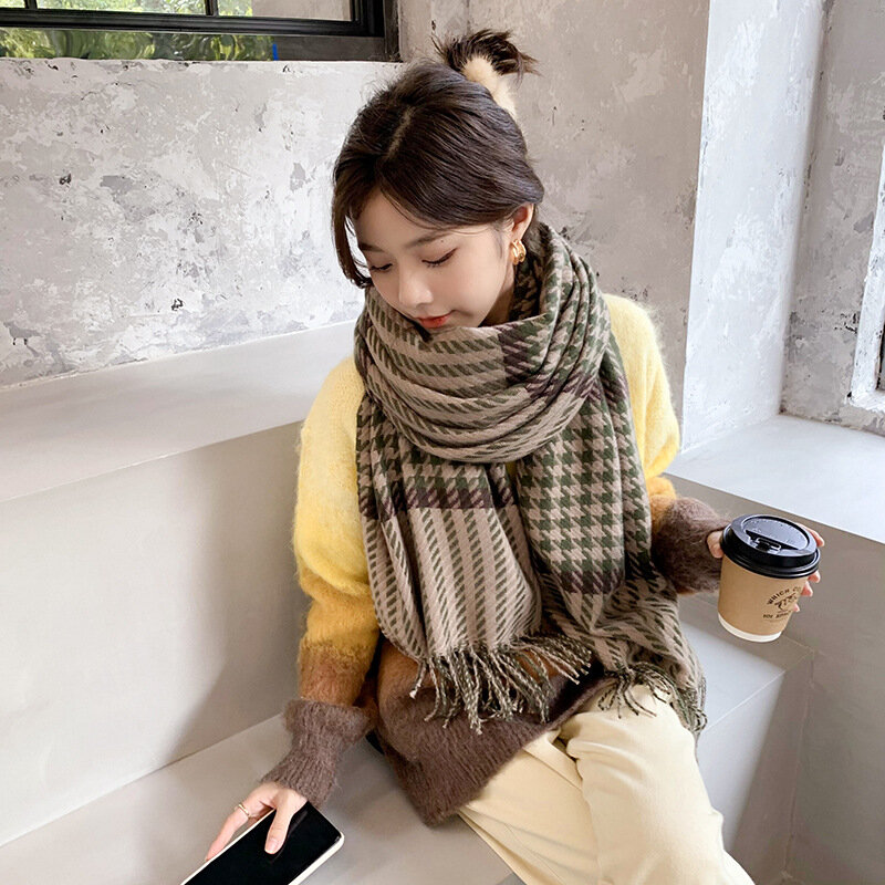 Écharpe à carreaux Imitation cachemire pour femme, châle chaud Double face, à franges, Style coréen, automne et hiver