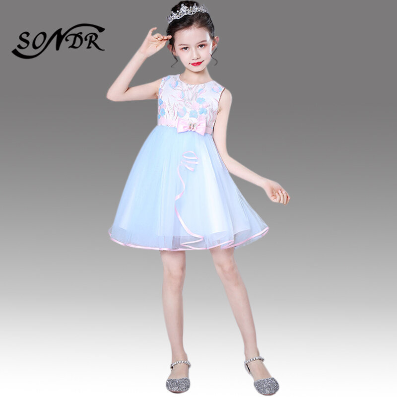 Embroidery Flower Girl Dress HT027 Knee-Length Kids Party Gowns Sleeveless Bow Girls Ball Gown Zipper Elegant Communion Dresses