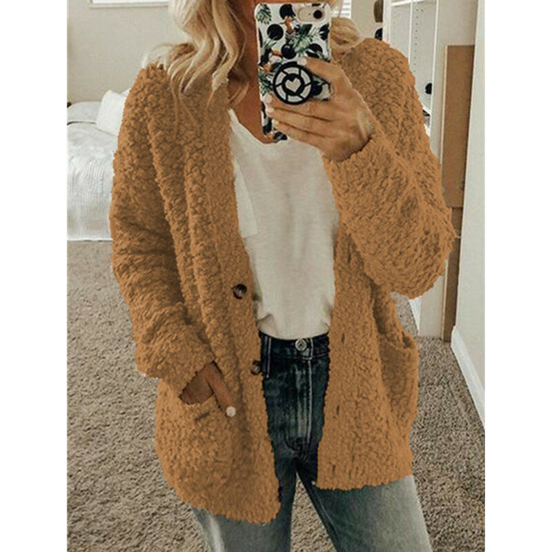 Outono/inverno 2020 casaco de lã feminino casaco de lã quente botão macio casaco de pele feminino casaco de pelúcia bolso casual casaco de pelúcia