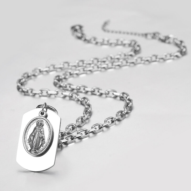 Virgin Mary Pendant Necklace for Men Women 6mm Stainless Steel Rolo Cable Chain Necklace Dog Tag ID Pendant Gift Jewelry DDN242