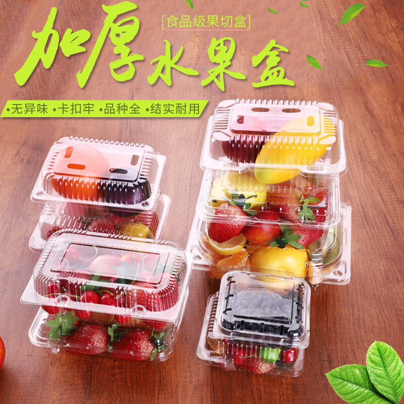 Sekali Pakai Transparan Buah Plastik Kotak dengan Topi Kesegaran Buah Memancing & Sayur Strawberry Hit Kemasan Piring 100
